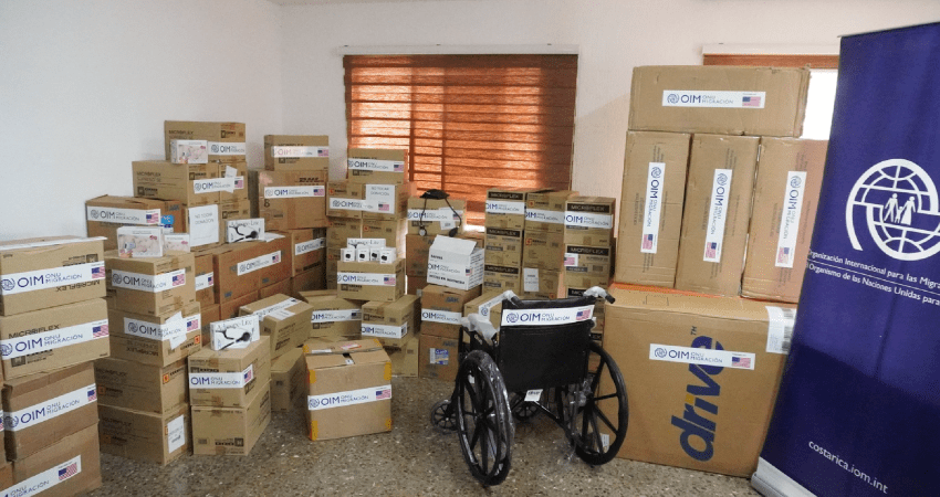IOM labeled donation boxes