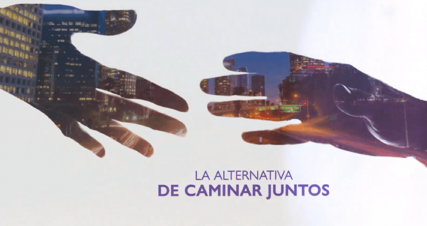 Symbollic image of two hands reaching out. Text: The alternative of walking together