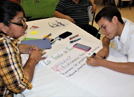 Young students engage in collaborative activity to create a community information campaign